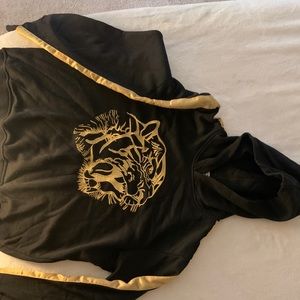 Fashion Nova hoodie, M, golden tiger embroidery, and satin straps on the sleeves